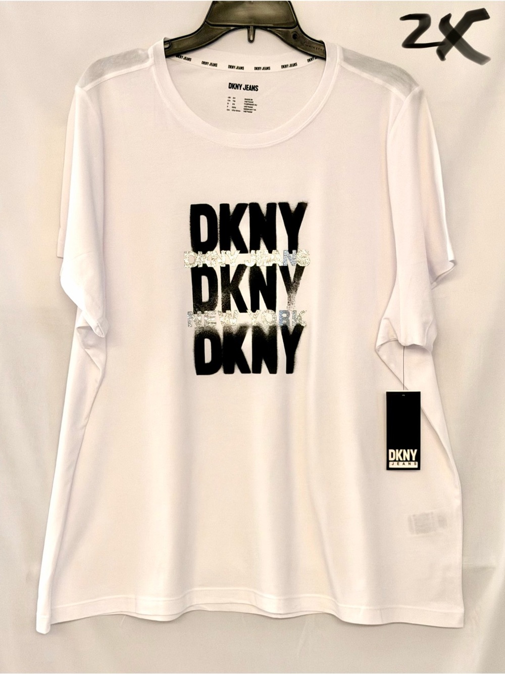 DKNY White Short Sleeve Tee with Black and Silver DKNY Logo Repeat